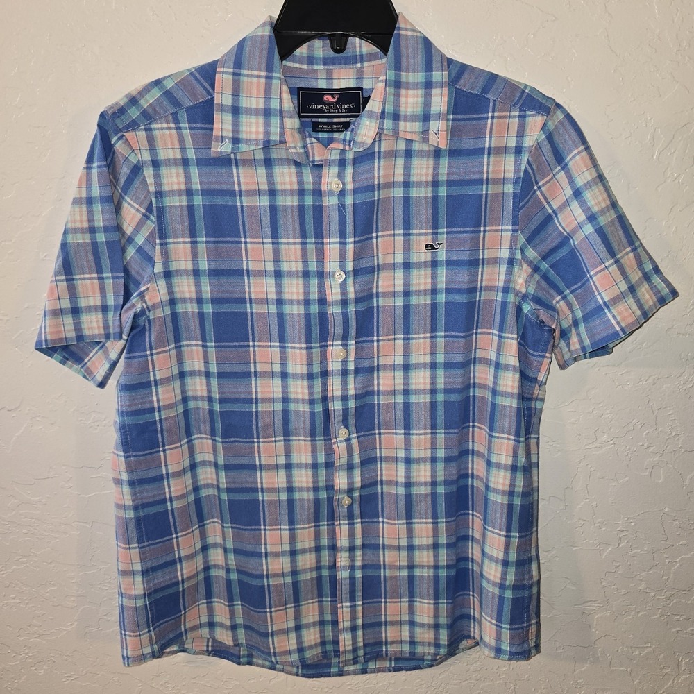 Vineyard Vines Shirt Linen Blend SS Whale Shirt M Blue Pink Button Down Plaid